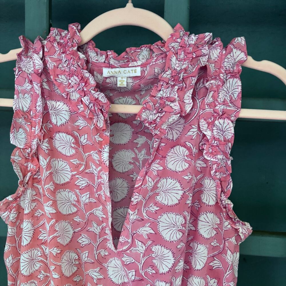 Anna Cate Morgan Dress Pink Floral Smocked Mini cotton Ruffle Sz S boho coastal - Picture 3 of 7